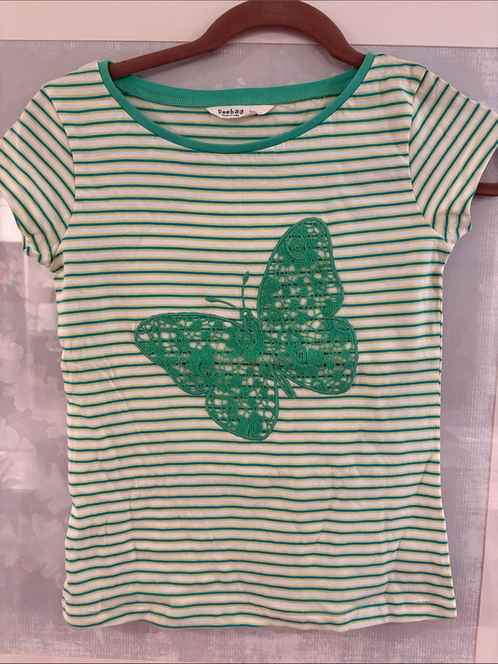 BeeBay Green Striped Kids Tee with Butterfly Applique -